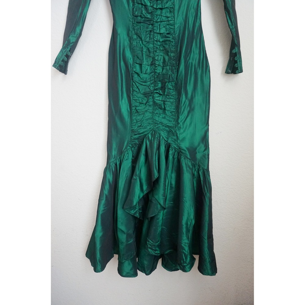 Gunne Sax 80's Emerald Green Ruched Evening Gown Goth Mermaid Formal Dress - Picture 3 of 9